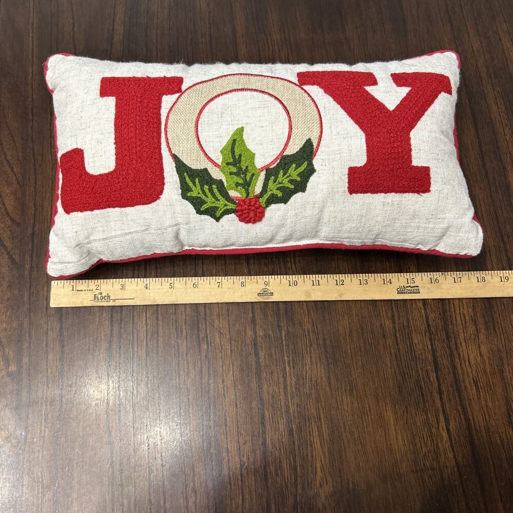 Christmas Joy Applique Oblong Accent Pillow Burlap Sweater Holly Berry Red 17x9